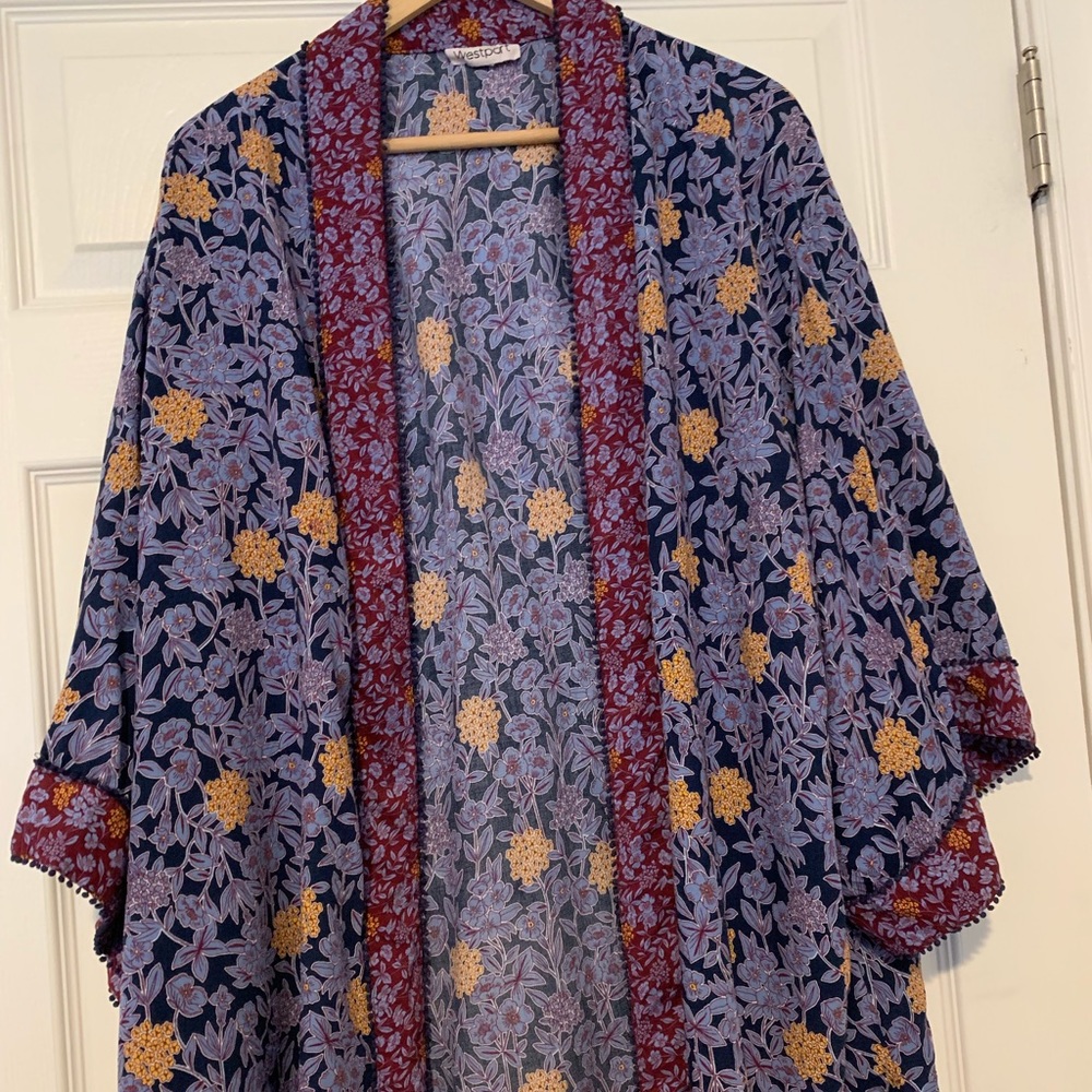 Purple flowers, flowy shrug